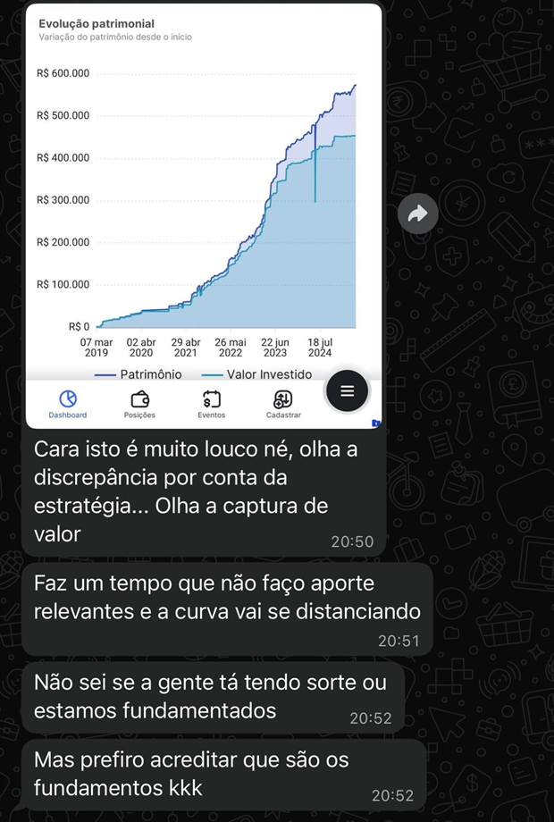 Print com gráfico de evolução patrimonial saindo de zero para quase R$600 mil, cliente comenta a captura de valor da estratégia